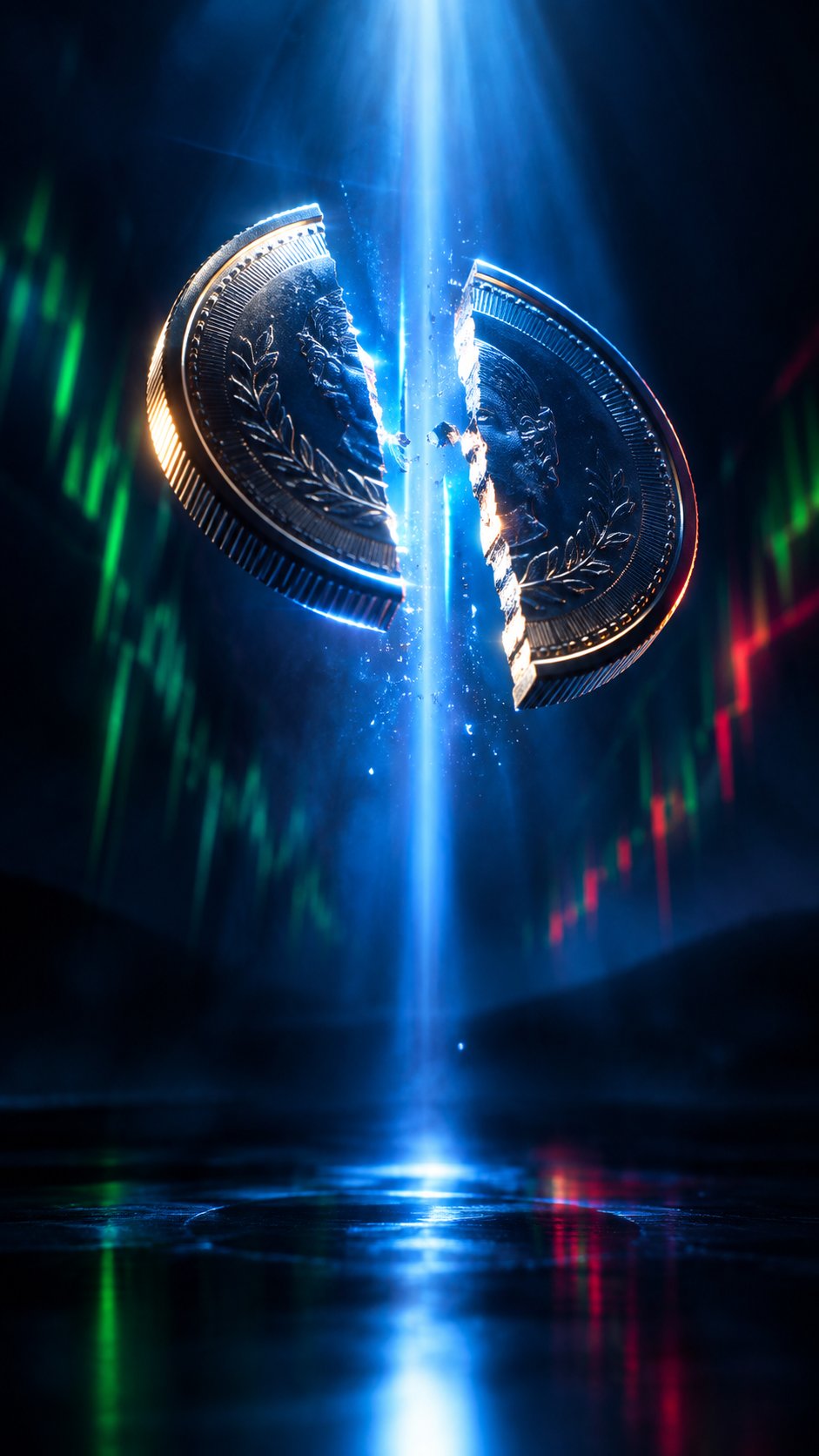 Coin being split into two halves by a beam of light