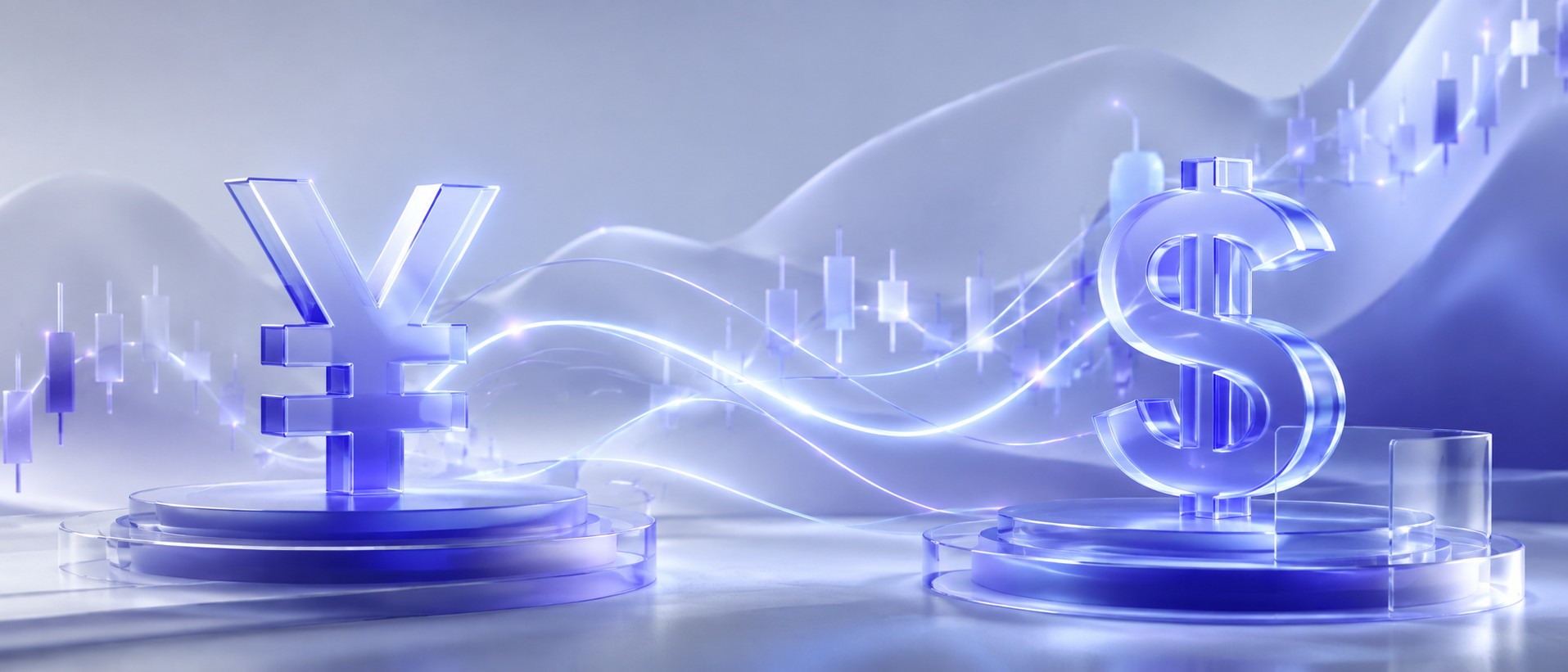 Stylized yen symbol and dollar symbol connected by glowing price lines