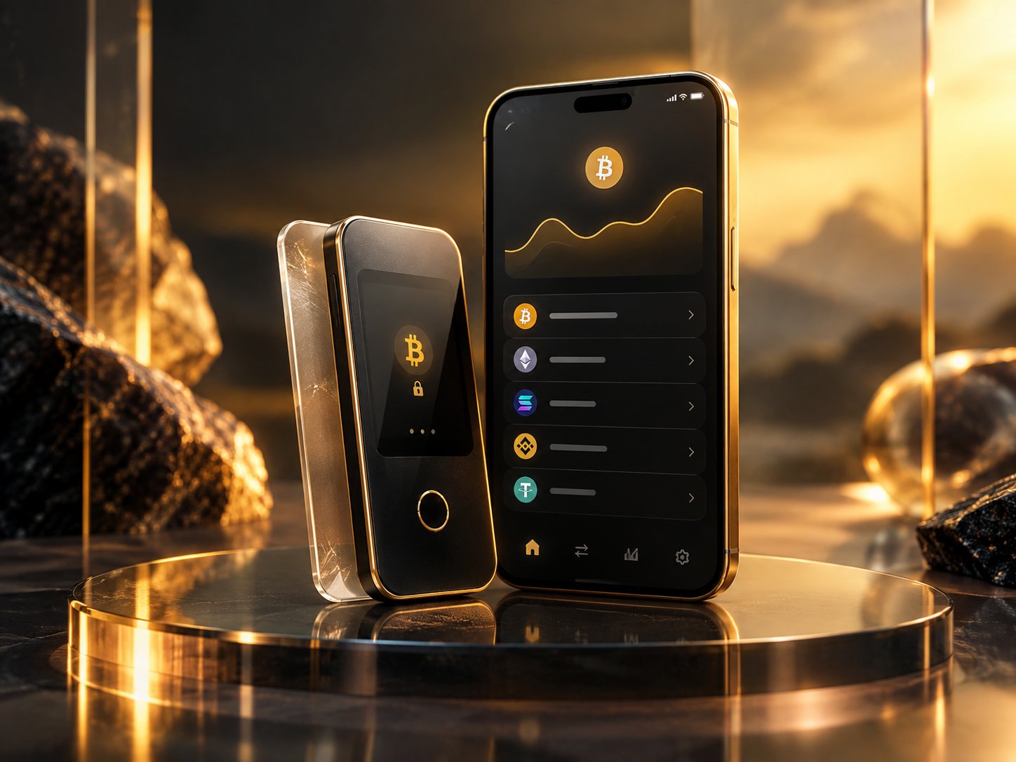 Sleek hardware crypto wallet device next to a smartphone wallet app