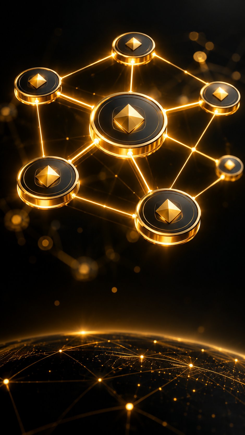 Interlocking glowing geometric tokens forming a decentralized network