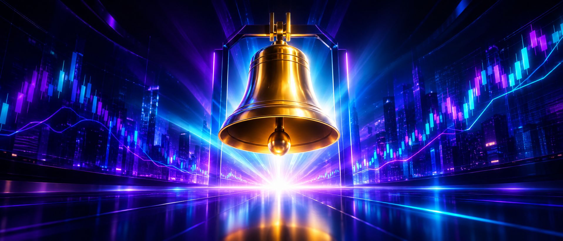Golden bell with light rays at the moment of market open